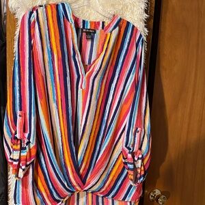 By Design Women’s Colorful Striped V-Neck Blouse. Size L